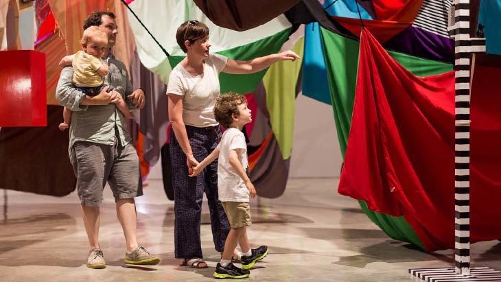  A family at the MCA. Featuring: Mikala Dwyer , Square Cloud Compound (detail), 2010, installation view, MCA