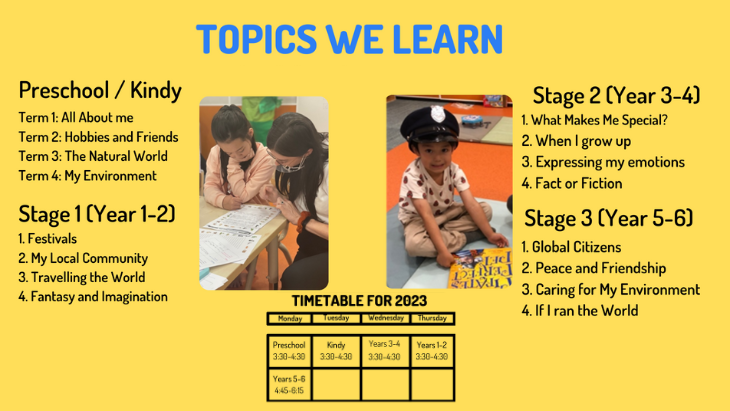 Angsana Education's English Enrichment Program 2023 Topics and Timetable for preschool to Year 6.