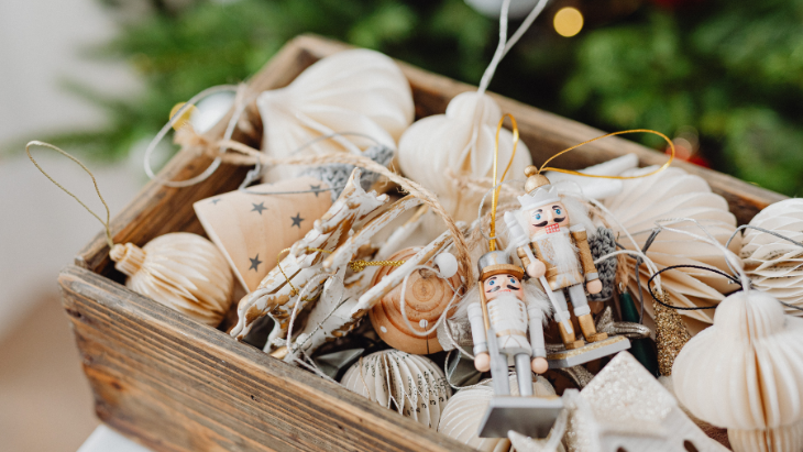 Christmas ornaments in a box