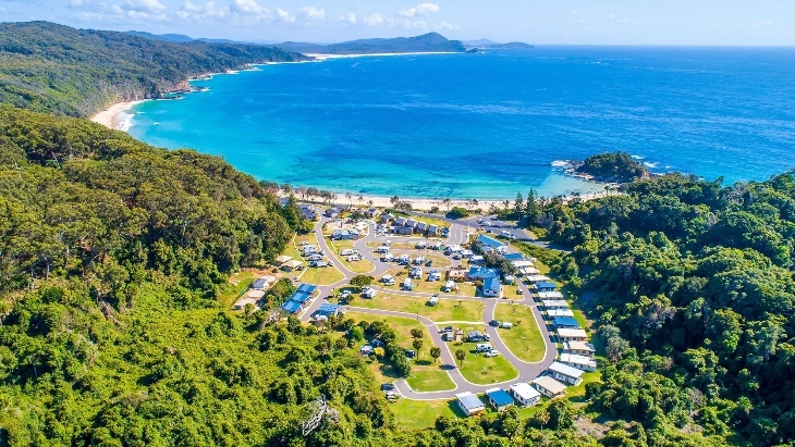 Aerial view of Reflections Caravan Park at Seal Rocks