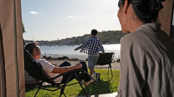 Family enjoying Deluxe Waterfront Camping on Cockatoo Island