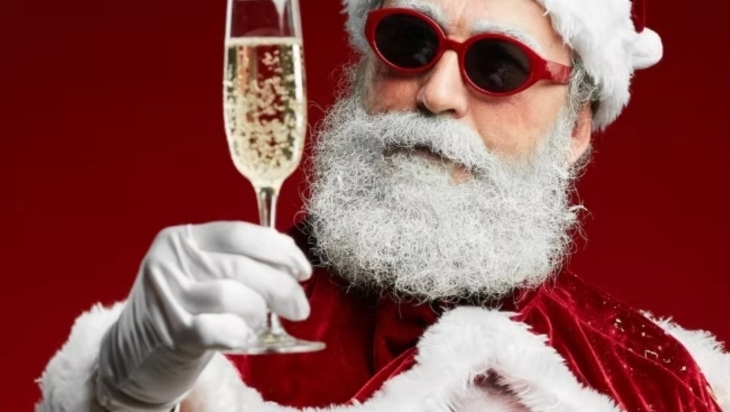 Santa holding a glass of champagne
