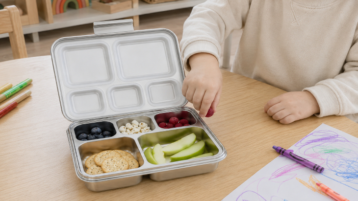 A stainless steel lunchbox with five compartments