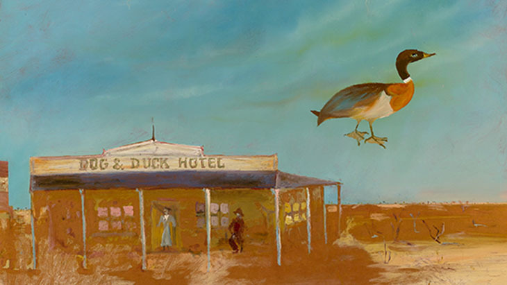 Sidney Nolan painting of a hotel with a duck floating above it