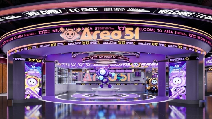 Purple arcade style graphics at entrance to Area 51