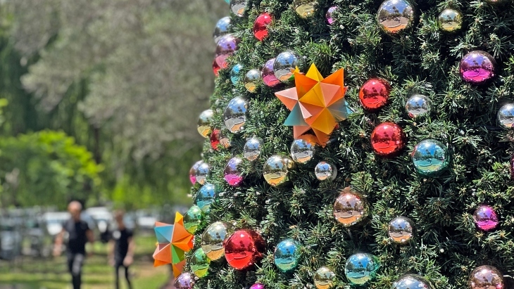 Close up of Christmas tree with baubles in daylight