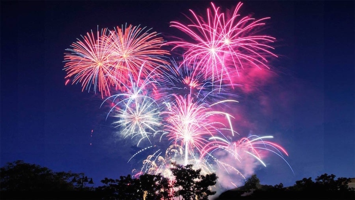Big orange, blue and pink fireworks display 