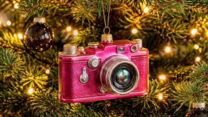 Pink camera dangling Christmas ornament
