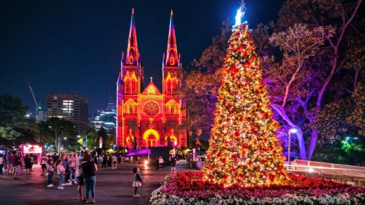 St Marys Cathedral at Christmas with lights and Christmas tree
