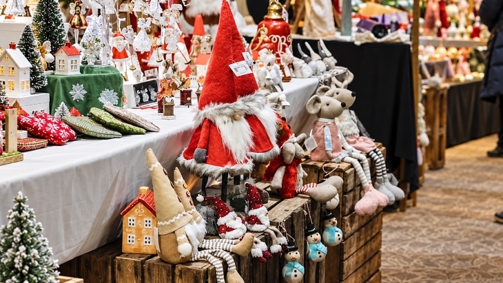 Christmas ornaments and decorations at a market stall