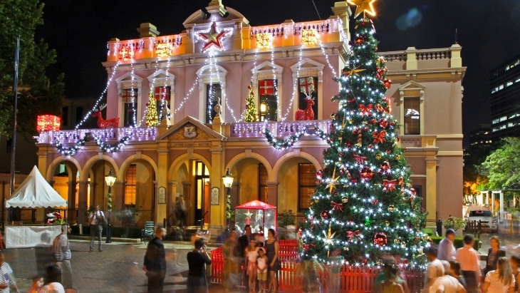 Parramatta Square at night with Christmas tree and lights