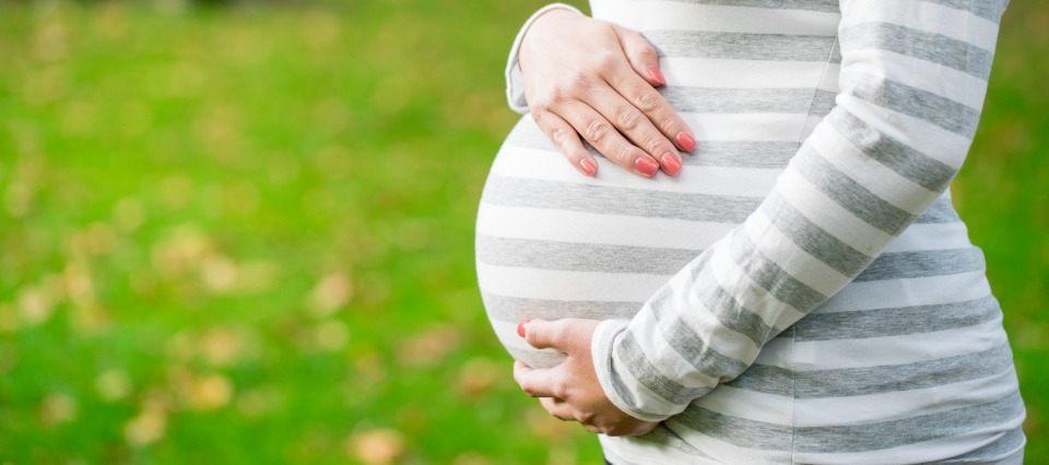 Happy and young pregnant woman in park in summer